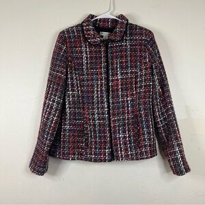 Christopher & Banks Plaid Jacket Blazer Zipper Black Pink Red Textured Sz Med